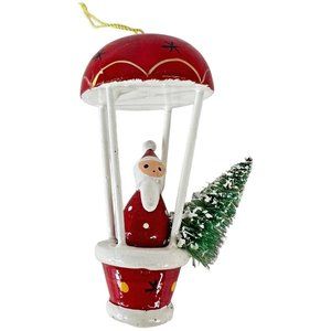 Vintage Wood Hot Air Balloon Christmas Ornament Santa Claus 3 Inch Red White ￼